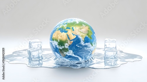 Earth globe melting into water puddle