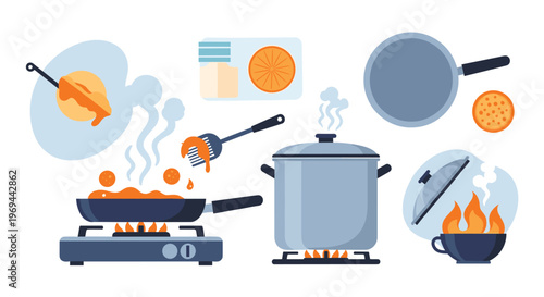 Collection of kitchen utensils and cookware featuring frying pans, a large pot, a spatula, and freshly prepared food on a stove.