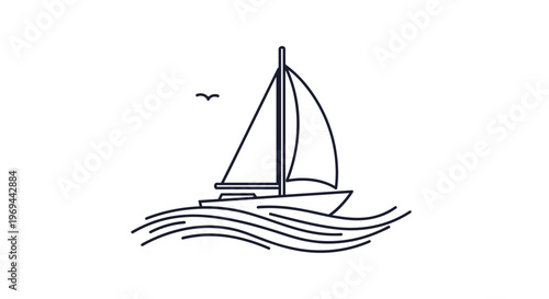Minimalist line drawing of a sailboat sailing on deep blue ocean waves with a small bird flying in the clear sky above the vessel.