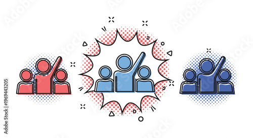 Group of people icons representing teamwork or leadership with a central figure highlighted in a comic book style burst.
