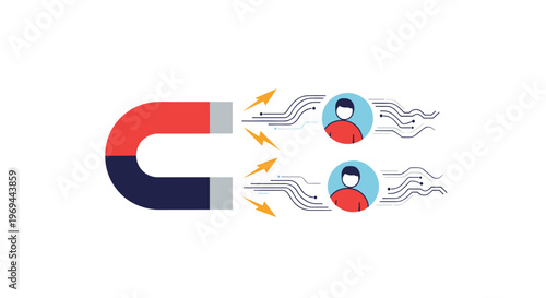 Large red and blue magnet attracting two people icons to demonstrate customer acquisition, recruitment, or social influence.