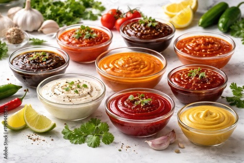 Variety of flavorful sauces displayed on a clean white countertop