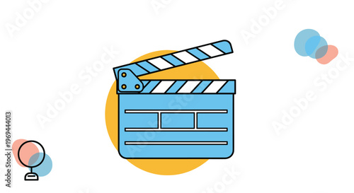 Professional film clapperboard icon on a vibrant yellow circle background with abstract soft color blobs for movie production.