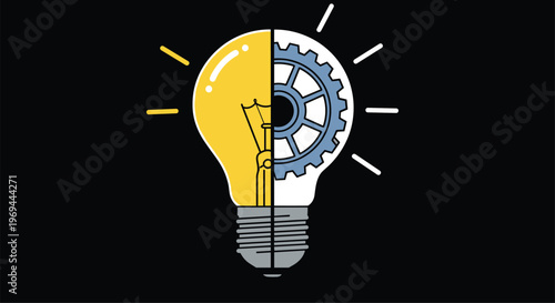 Creative light bulb conceptual illustration split into two halves representing a bright idea and a mechanical gear for engineering.