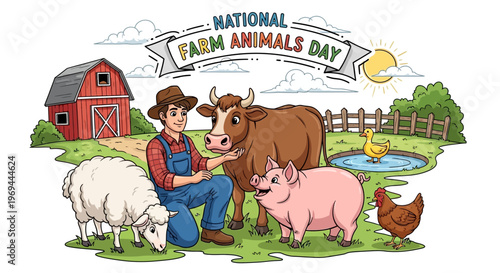 Celebrating National Farm Animals Day with a cheerful cartoon illustration of a farmer surrounded by a cow, pig, sheep, and chicken near a red barn, rendered in a playful, pastel color