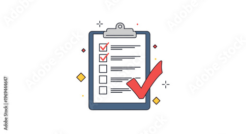 Checklist on a clipboard with several red checkmarks and one large tick symbol to show task completion and project management.
