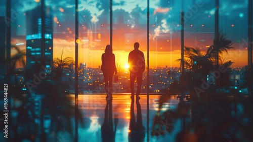Silhouettes of coworkers against the backdrop of a warm, glowing sunset viewed through the glass walls of a contemporary office space.