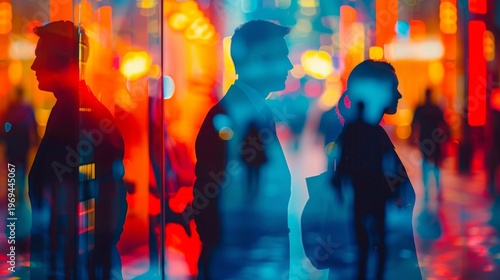 Silhouetted people in a modern office at sunset