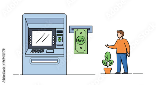 Cartoon illustration of a man standing next to an automated teller machine dispensing a dollar bill for banking and finance.