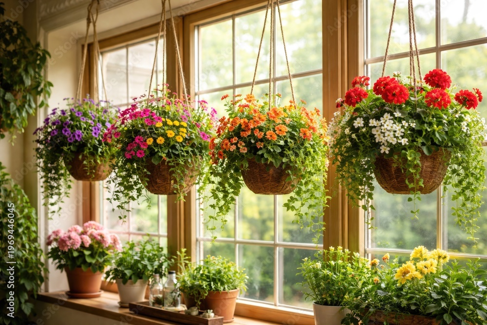 Fototapeta premium Hanging potted plants with vibrant flowers decorating an interior window setting