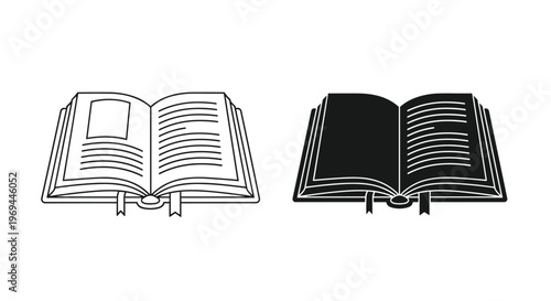 Detailed illustration of an open book with visible text lines and bookmarks shown in both minimalist line art and solid black styles.