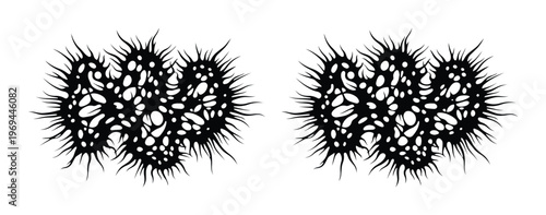Abstract black organic shapes with hairy texture, microscopic cell organism vector, decorative fuzzy ink blot elements for graphic design