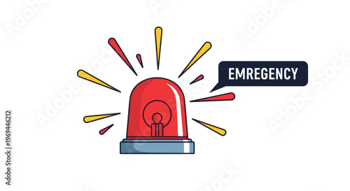 Emergency siren light illustration flashing bright rays with a dark speech bubble containing the text emregency on the right side.