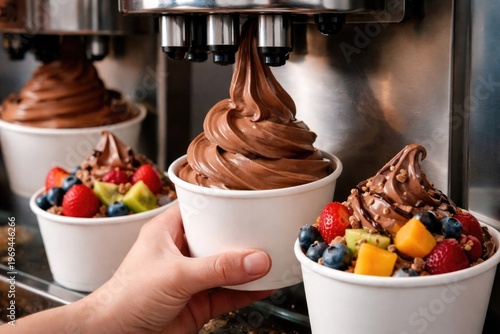 Chocolate soft serve ice cream machine dispensing rich frozen yogurt with fresh fruit toppings in white cups at a dessert shop