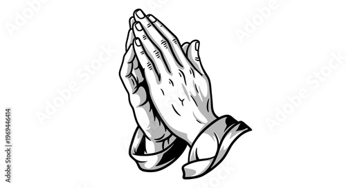 Hands clasped in prayer monochrome illustration isolated on white background
