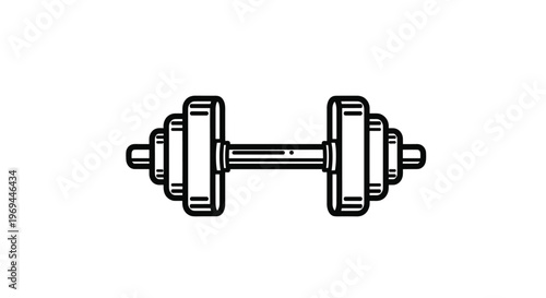 Heavy dumbbell for weightlifting and fitness training shown in a clean black line art style with multiple plates on each side.