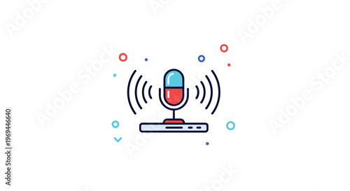 Modern microphone icon on a stand emitting sound waves surrounded by colorful dots and geometric shapes on a white background.