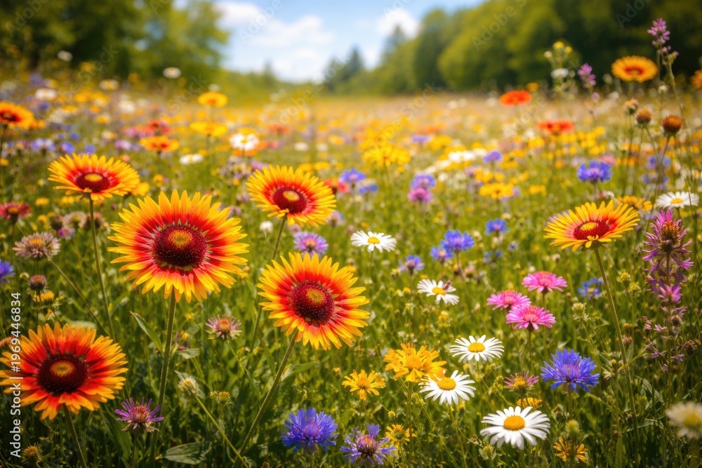 Obraz premium Vibrant summer meadow with Gaillardia pulchella and diverse wildflowers blooming under bright sunlight