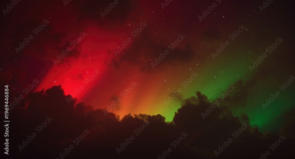 Fototapeta premium Glowing red and green hues brighten a dark cloudy night sky with vivid colors