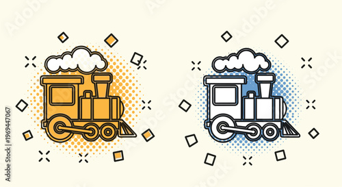 Classic steam train locomotive blowing a cloud of smoke shown in two different colorful and detailed comic book styles.