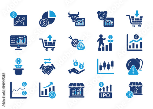 Stock market thin solid icon set. Containing stock, shares, bull market, bear market, buy, exchange, sell, financial, investor. Vector illustration
