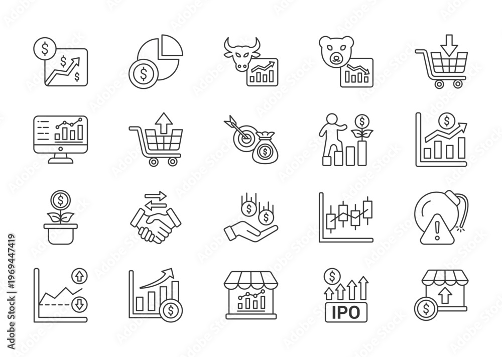Fototapeta premium Stock market thin line icon set. Containing stock, shares, bull market, bear market, buy, exchange, sell, financial, investor. Vector illustration