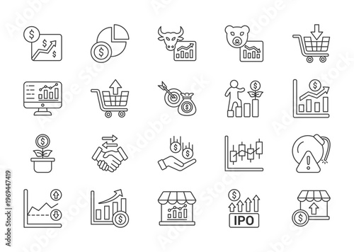 Stock market thin line icon set. Containing stock, shares, bull market, bear market, buy, exchange, sell, financial, investor. Vector illustration