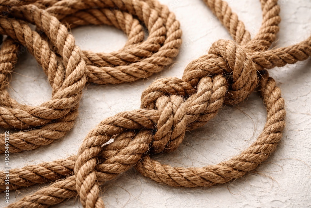 Fototapeta premium Close-Up of Brown Jute Rope Knots on Textured Background