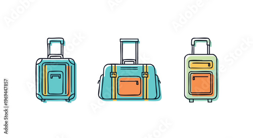 A collection of three colorful travel luggage bags with wheels and handles on a white background