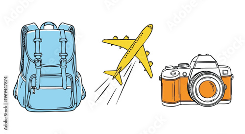 A collection of essential travel items featuring a blue backpack, yellow plane, and a camera icon