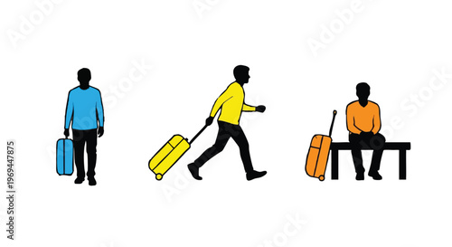 Three silhouettes of people carrying travel luggage while walking or sitting in a white background.