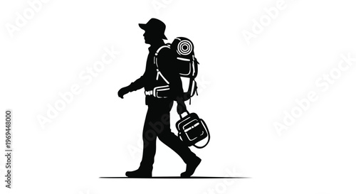 A silhouette illustration of a solo traveler walking forward with a backpack and side luggage