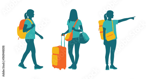 Three colorful silhouette figures of female travelers with backpacks and luggage on white background