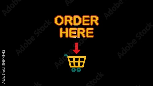 Order Here Icon with Shopping Cart and Arrow pointing down, illustrating a call to action for purchasing items online