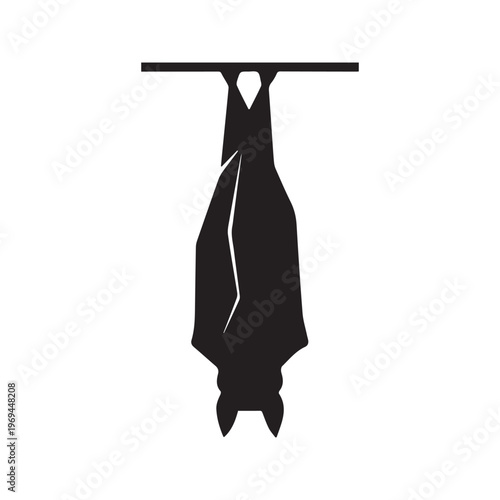 Black silhouette of a bat hanging upside down, spooky Halloween vector illustration isolated on white background
