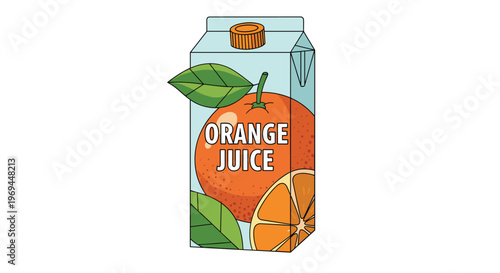 Refreshing carton of orange juice features a vibrant orange fruit with green leaves and a fresh juicy slice on its blue package.
