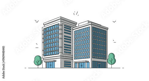 Pair of modern high-rise office buildings with many windows and surrounding small trees stands under a bright sky with flying birds.