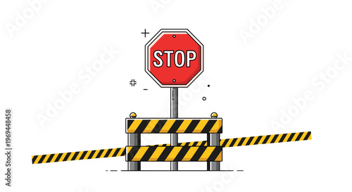 Classic red octagonal stop sign is mounted behind a yellow and black striped safety barrier with warning tape extending to the sides.