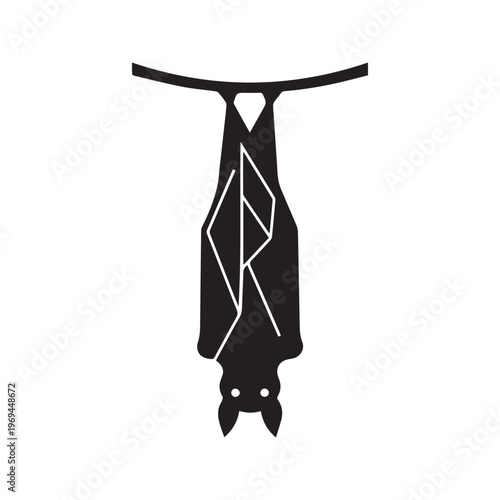 Black silhouette of a bat hanging upside down, spooky Halloween vector illustration isolated on white background
