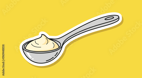Metal spoon holds a swirl of creamy white sauce or mayonnaise against a bright yellow background in this colorful food illustration.
