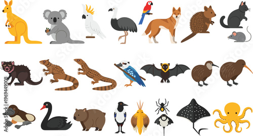 Wild Animal Illustration Set Featuring Kangaroo Koala Ostrich Parrot Owl Bat Stingray Octopus and Exotic Wildlife Characters Collection