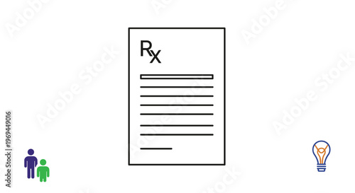 Medical prescription form displays the Rx symbol and lines for text between a family icon and a lightbulb icon for healthcare ideas.