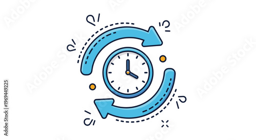 Clock face is framed by two blue circular arrows pointing in opposite directions to represent repeating cycles or time-saving processes.