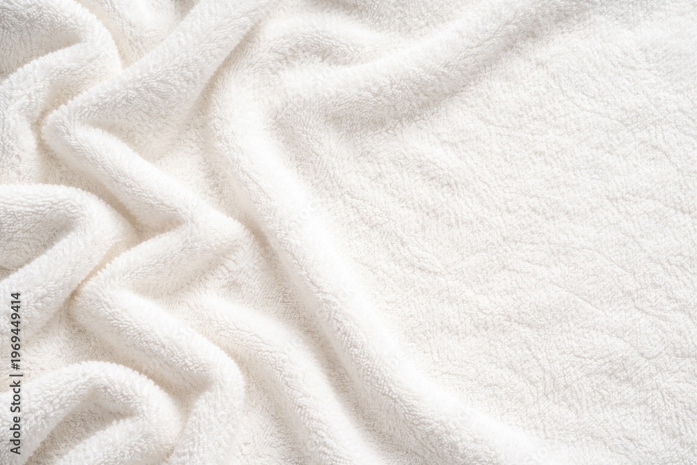 Fototapeta premium Soft white plush towel fabric background with gentle shadow and copy space