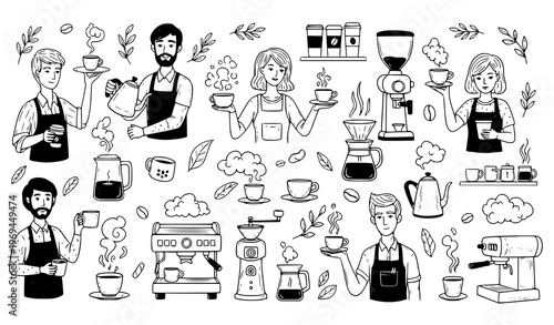 Coffee Shop Doodle Illustration – Barista Making Drinks Sketch Vector Set