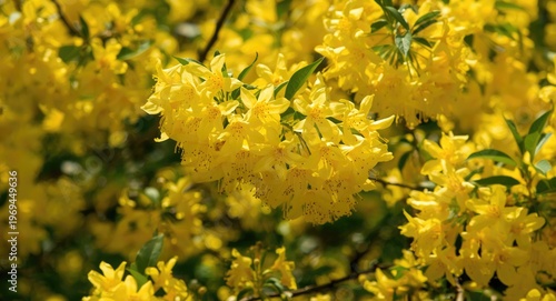 Sunny yellow laburnum flowers blooming in bright daylight