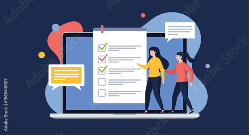 Two women, one in yellow and one in red, stand next to a laptop screen that displays a large checklist with several completed tasks.