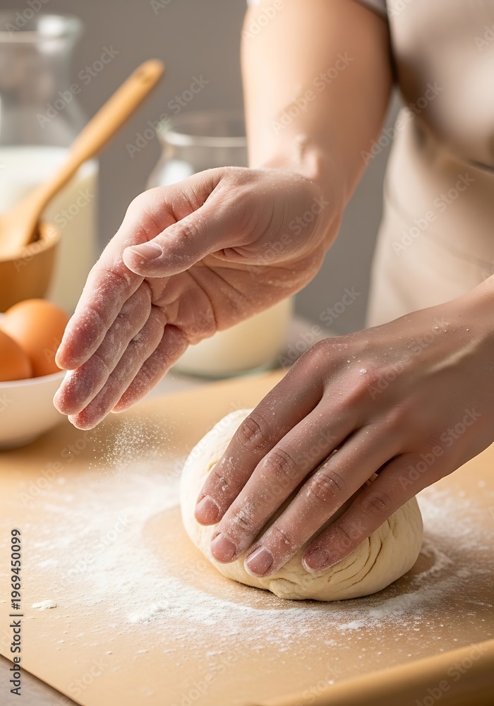 Fototapeta premium Baker kneading dough, flour falling, preparing culinary masterpiece