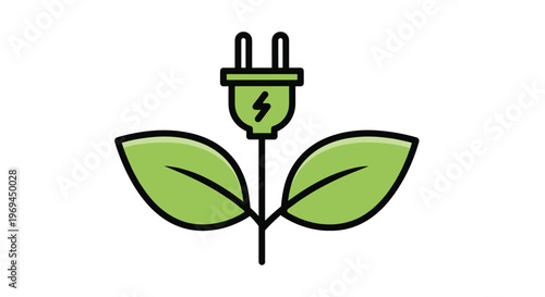 Green electric plug with a lightning bolt symbol is shown emerging from two green leaves to represent clean, renewable energy sources.