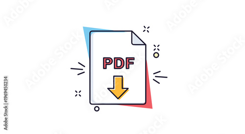 Document icon with the text PDF and an orange downward arrow is surrounded by decorative lines for a file download button concept.